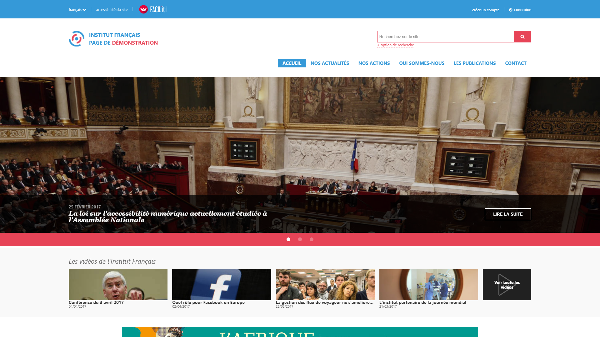 Une page d'accueil d'un site de démonstration sans FACIL'iti activé